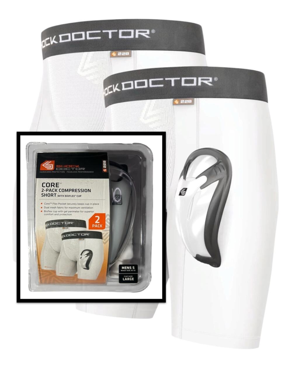 Shock Doctor 228 Mens Core Compression Shorts 2-Pack S with Bioflex Cup L NIB